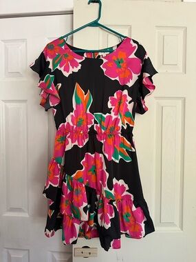 Umgee Black Floral Ruffle Dress with Pink & Green Accents